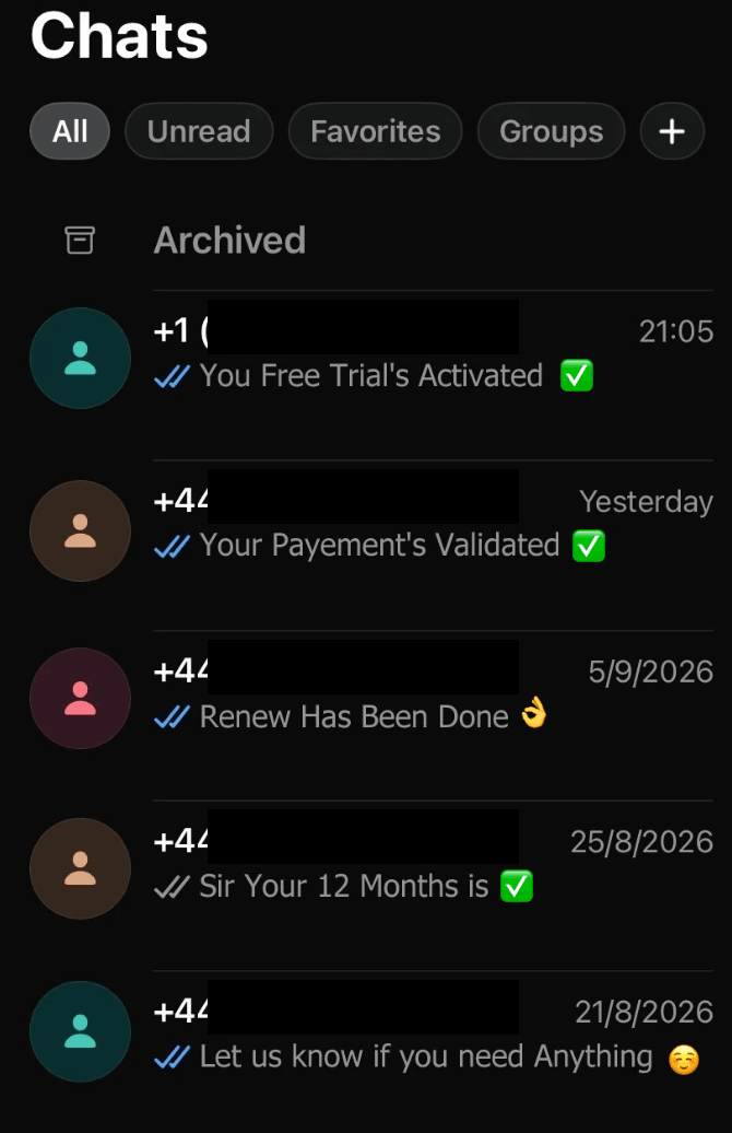 The MyVixora support inbox, showing replies confirming a free trial activated, a payment validated, a renewal completed and a 12-month pass set up.